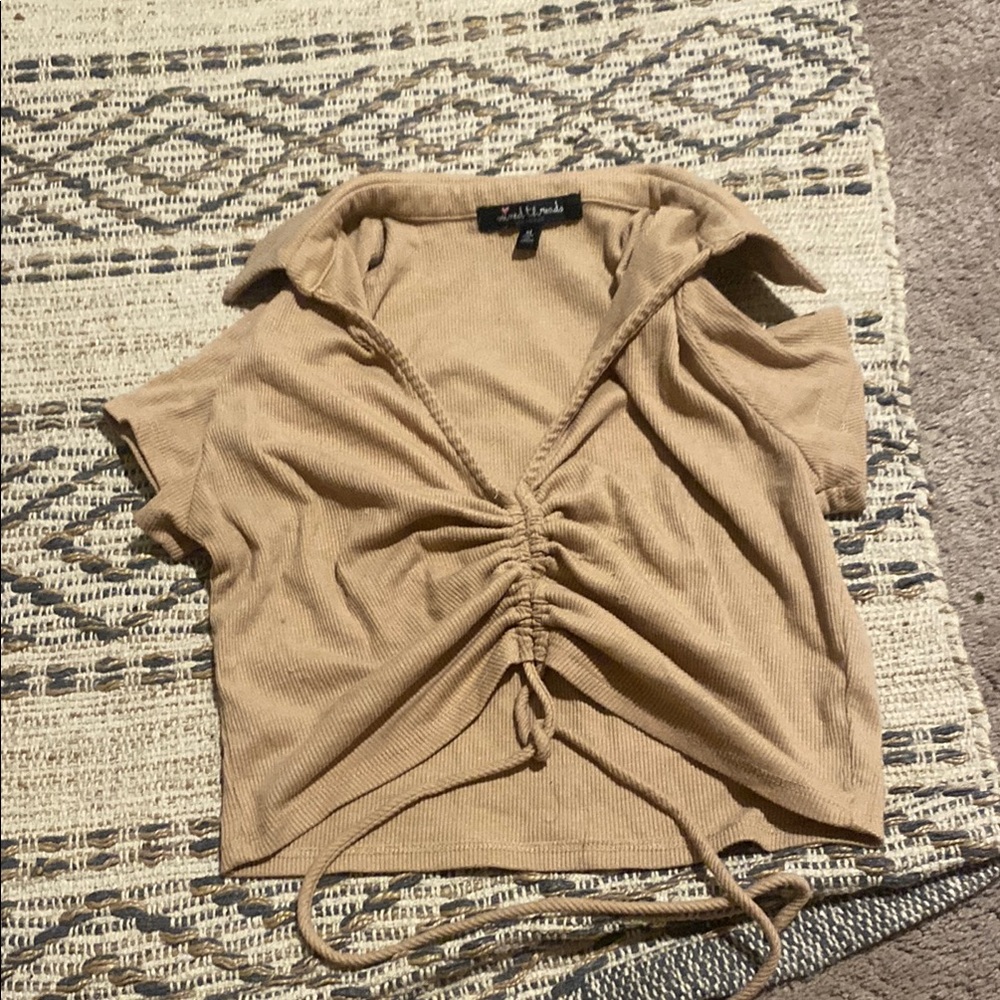 Cream Polo Crop Top with Ruched Tie Front